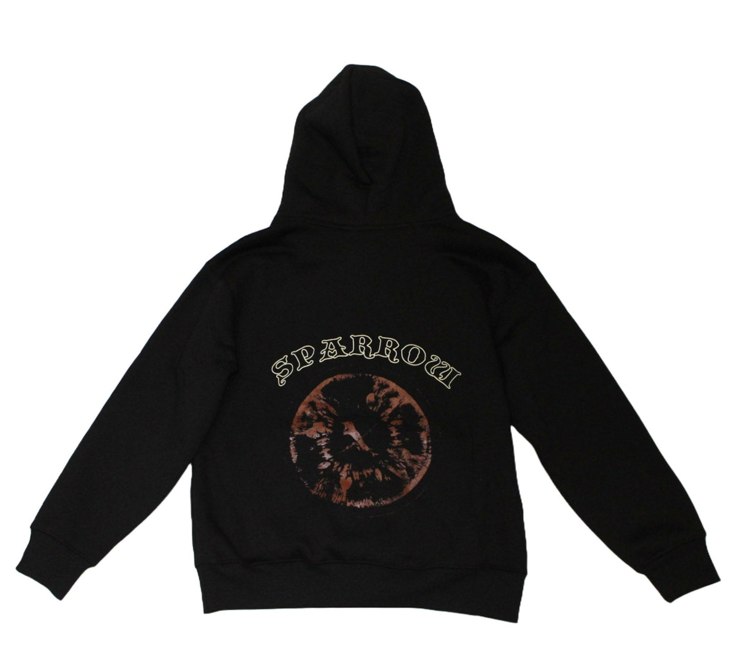 Black hoodie with a logo on the back against a white background