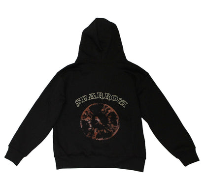 Black hoodie with a logo on the back against a white background
